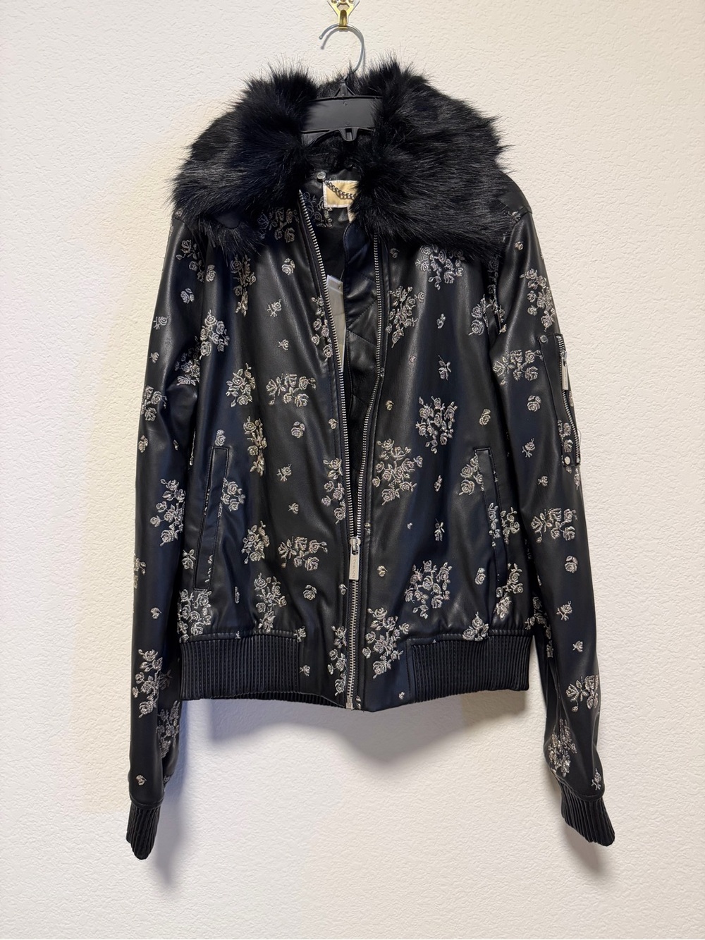 Black Floral Faux-Leather Bomber Jacket with Faux-Fur Collar